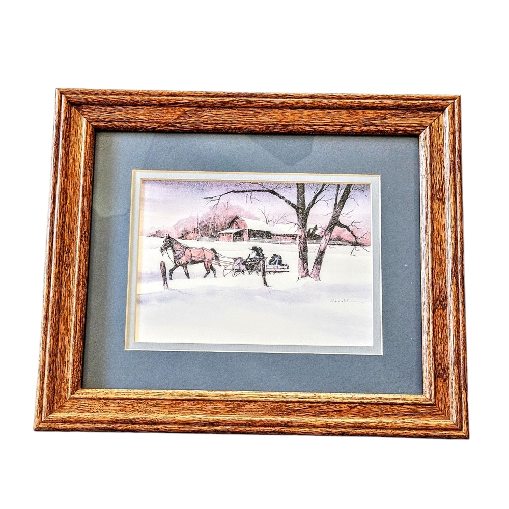 Vintage Steve Polomchak Winter Sleigh Ride Framed Matted Art Print 12x10 in